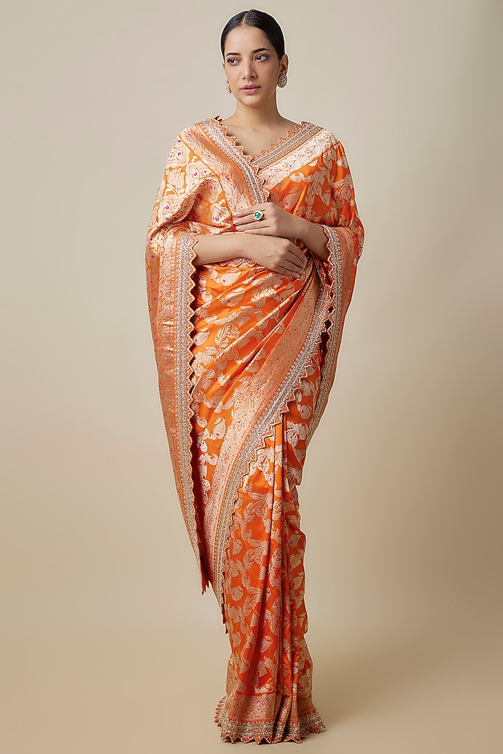Orange Silk Zardosi Hand Embroidered Banarasi Handwoven Bridal Saree Set by Anushree Reddy at Pernia's Pop Up Shop
