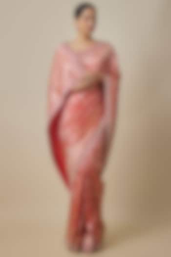 Red Silk Zardosi Hand Embroidered Banarasi Handwoven Bridal Saree Set by Anushree Reddy at Pernia's Pop Up Shop