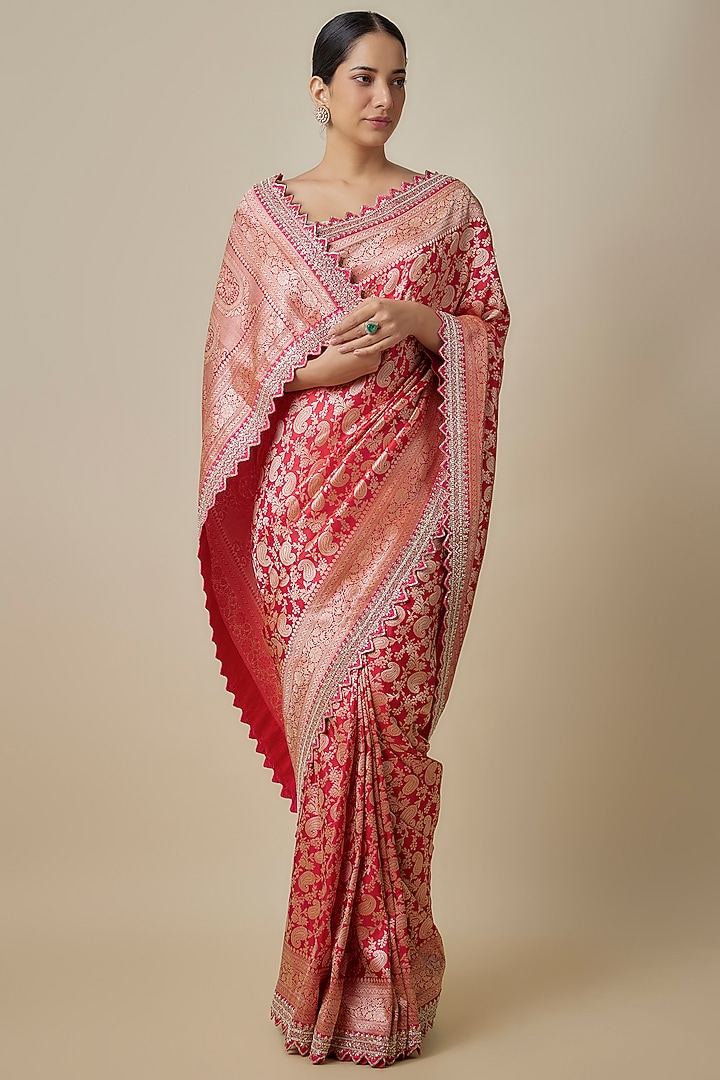 Red Silk Zardosi Hand Embroidered Banarasi Handwoven Bridal Saree Set by Anushree Reddy at Pernia's Pop Up Shop