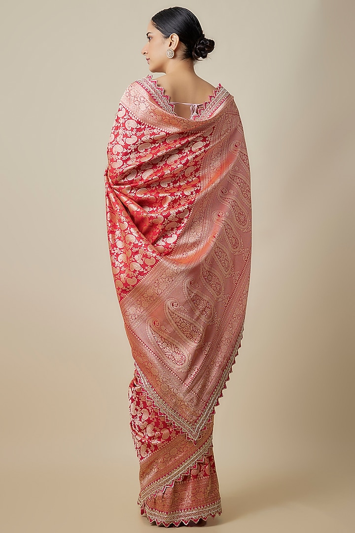 Red Silk Zardosi Hand Embroidered Banarasi Handwoven Bridal Saree Set by Anushree Reddy at Pernia's Pop Up Shop