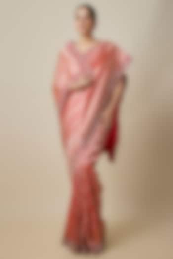 Red Silk Zardosi Hand Embroidered Banarasi Handwoven Bridal Saree Set by Anushree Reddy at Pernia's Pop Up Shop