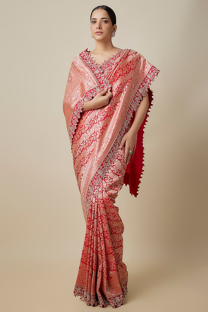 Red Silk Zardosi Hand Embroidered Banarasi Handwoven Bridal Saree Set by Anushree Reddy at Pernia's Pop Up Shop