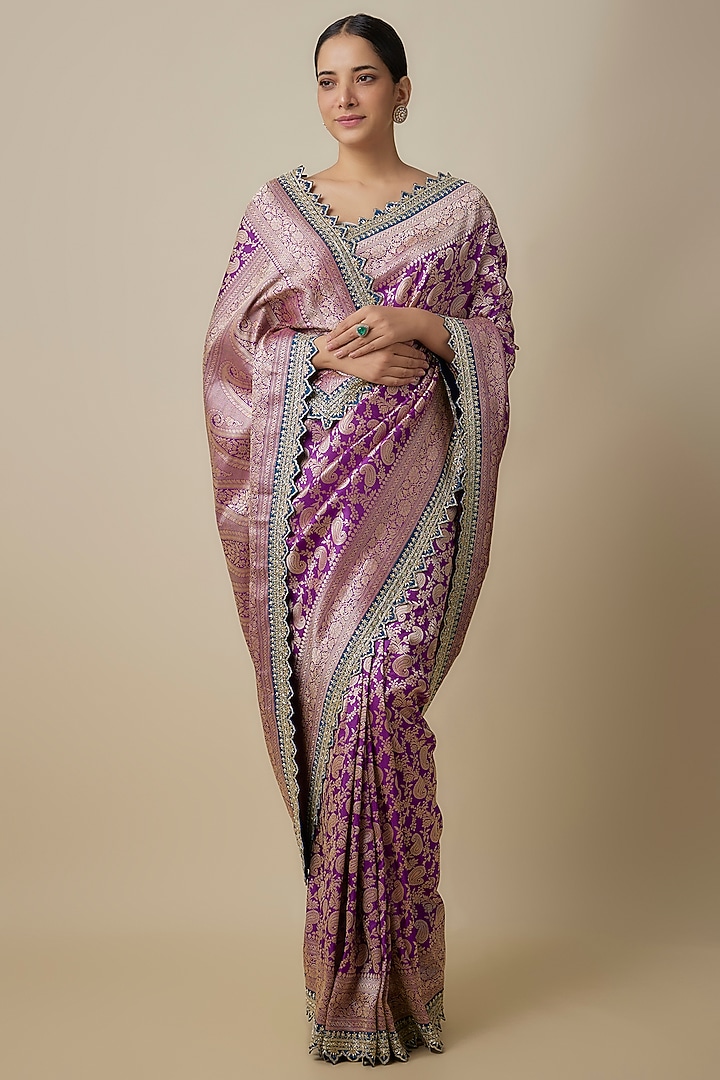 Purple Silk Zardosi Hand Embroidered Banarasi Handwoven Bridal Saree Set by Anushree Reddy at Pernia's Pop Up Shop