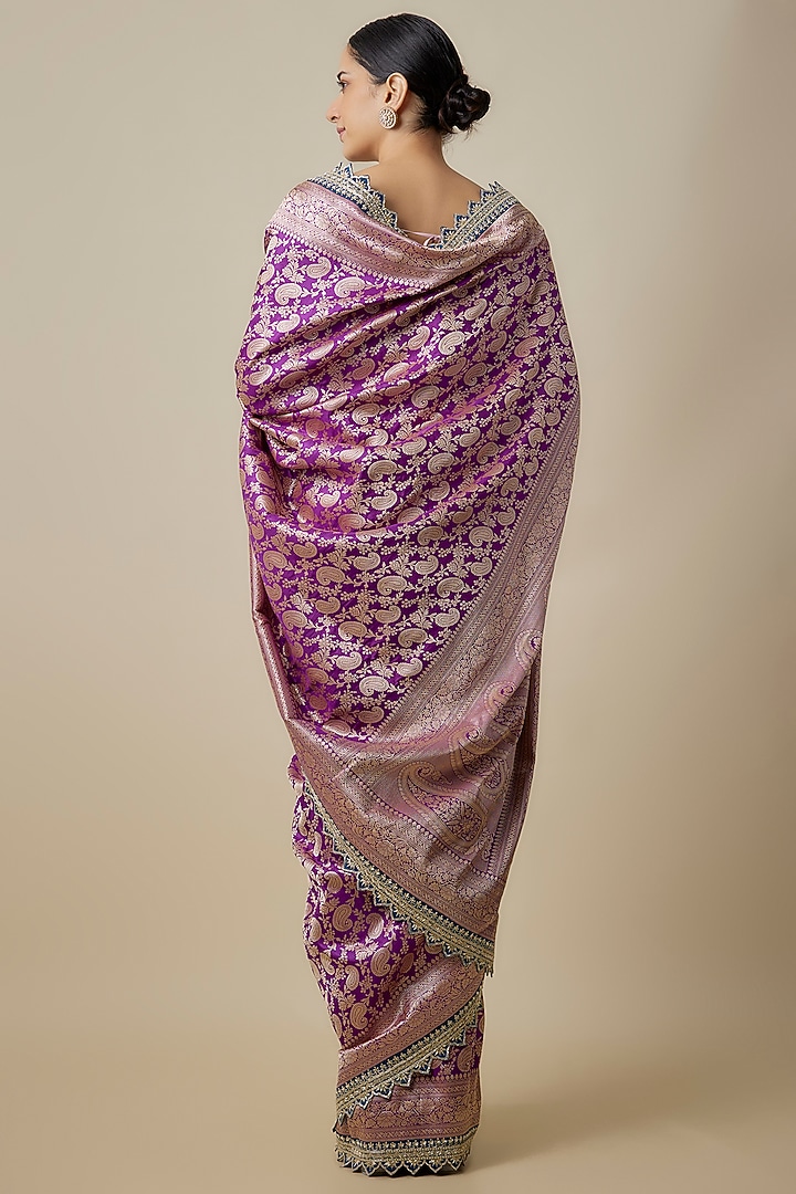 Purple Silk Zardosi Hand Embroidered Banarasi Handwoven Bridal Saree Set by Anushree Reddy at Pernia's Pop Up Shop