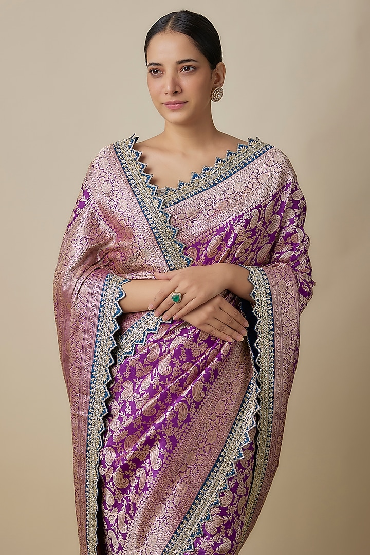 Purple Silk Zardosi Hand Embroidered Banarasi Handwoven Bridal Saree Set by Anushree Reddy at Pernia's Pop Up Shop