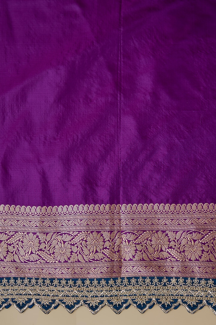 Purple Silk Zardosi Hand Embroidered Banarasi Handwoven Bridal Saree Set by Anushree Reddy at Pernia's Pop Up Shop