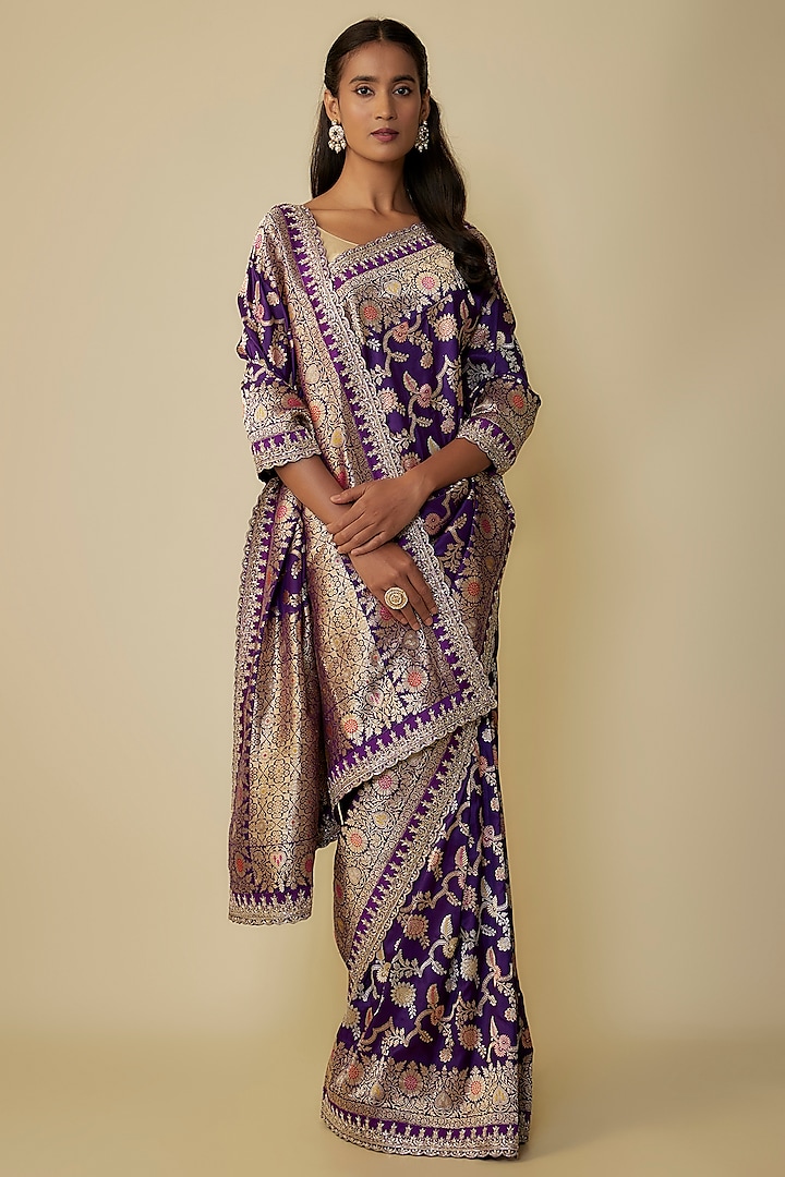 Purple Silk Zardosi Hand Embroidered Banarasi Handwoven Saree Set by Anushree Reddy at Pernia's Pop Up Shop