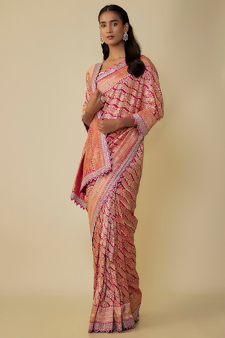 Pink Silk Zardosi Hand Embroidered Banarasi Handwoven Saree Set by Anushree Reddy at Pernia's Pop Up Shop