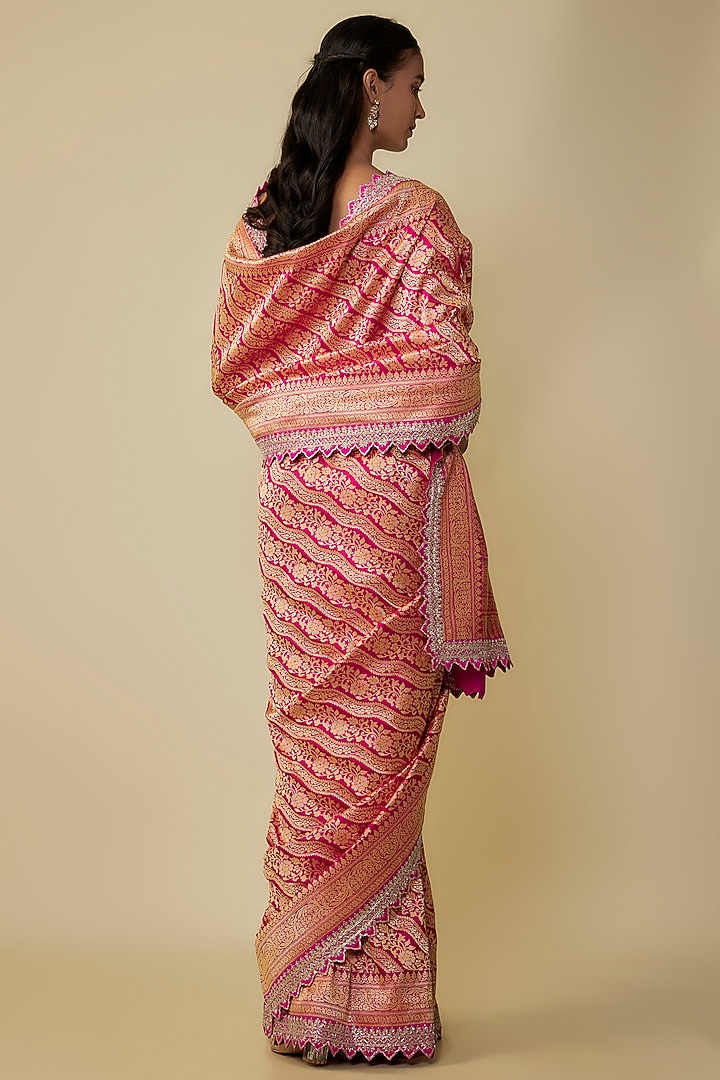Pink Silk Zardosi Hand Embroidered Banarasi Handwoven Bridal Saree Set by Anushree Reddy at Pernia's Pop Up Shop