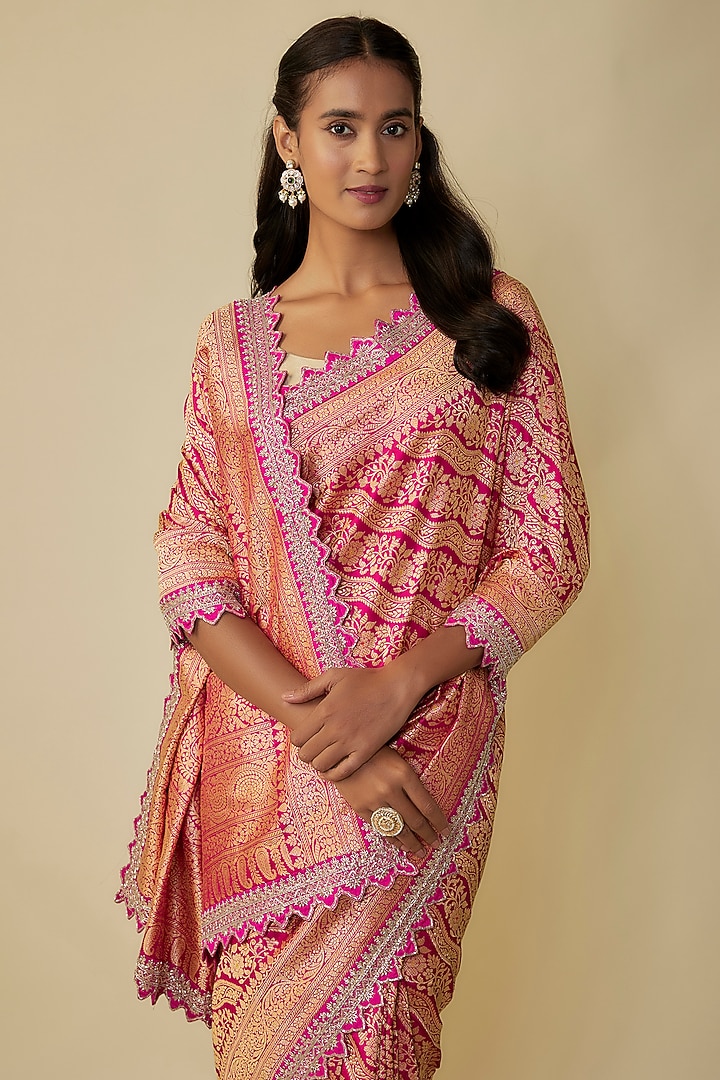 Pink Silk Zardosi Hand Embroidered Banarasi Handwoven Bridal Saree Set by Anushree Reddy at Pernia's Pop Up Shop