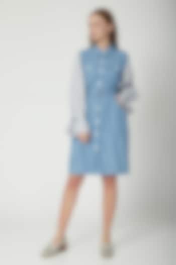 Sky Blue & Grey Shirt Dress With Belt by Aruni