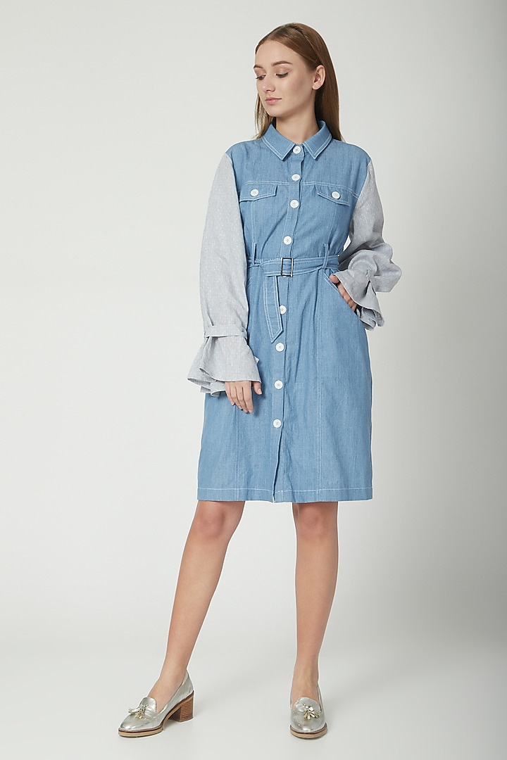 Sky Blue & Grey Summer Shirt Dress With Belt by Aruni at Pernia's Pop Up Shop