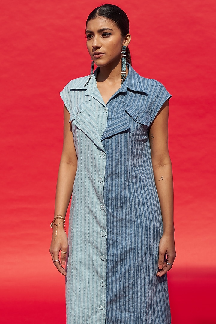 Sky Blue & Dark Blue Denim Trench Coat Summer Dress by Aruni at Pernia's Pop Up Shop