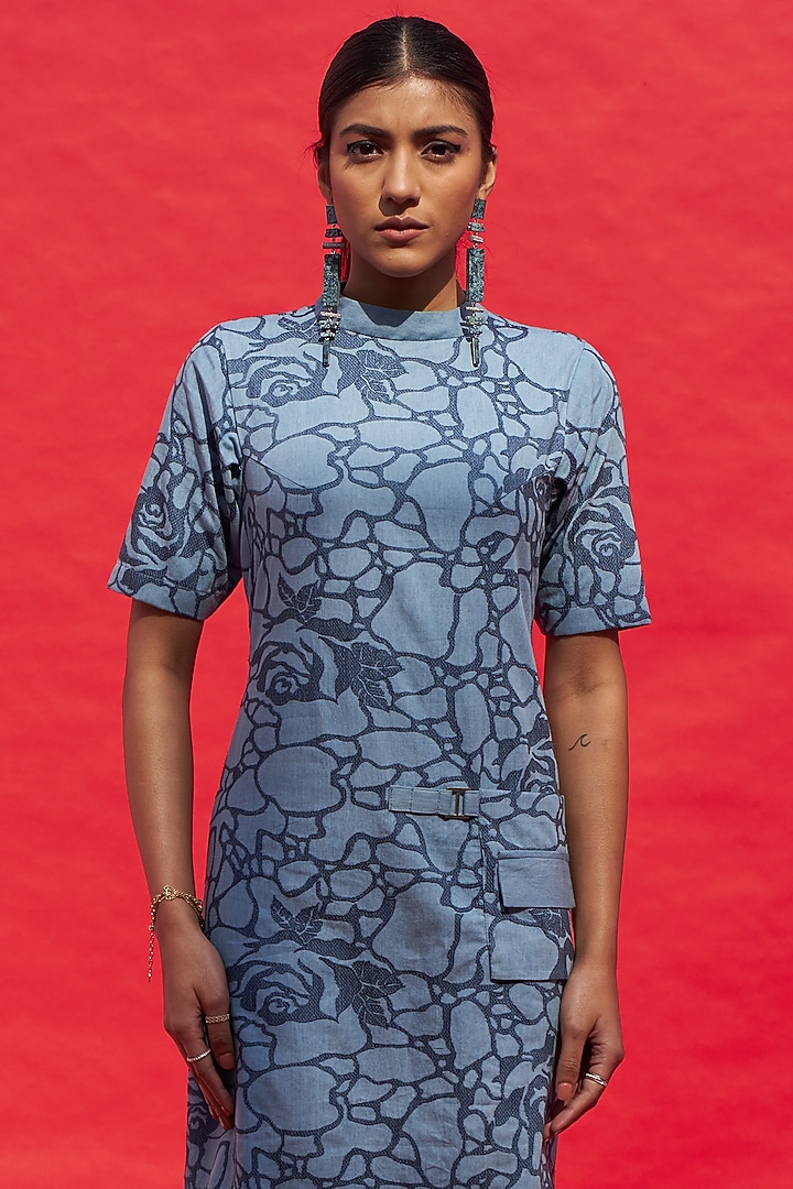 Blue Denim Printed Midi Summer Dress by Aruni at Pernia's Pop Up Shop