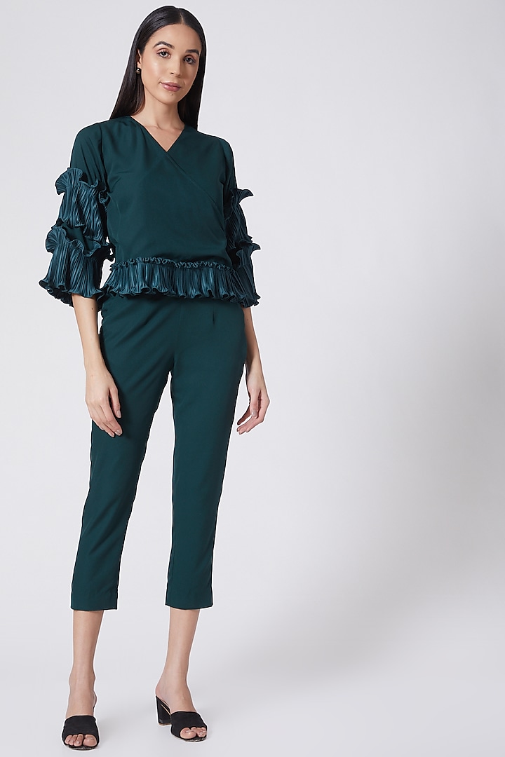 Green Top With Pleated Sleeves by Pleats By Aruni at Pernia's Pop Up Shop