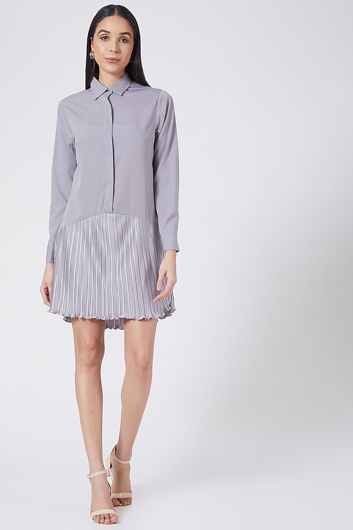 Grey Crepe Mini Shirt Dress by Pleats By Aruni at Pernia's Pop Up Shop