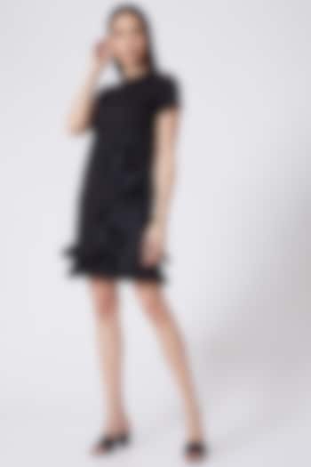 Black Mini Dress With Floral Edge by Pleats By Aruni