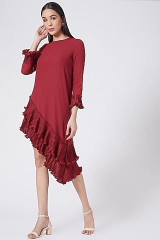Maroon Pleated Mini Dress by Pleats By Aruni