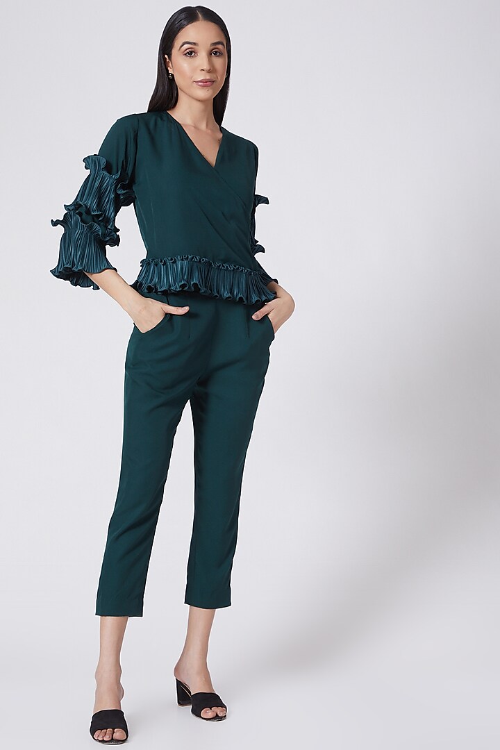 Green Crepe Pants by Pleats By Aruni