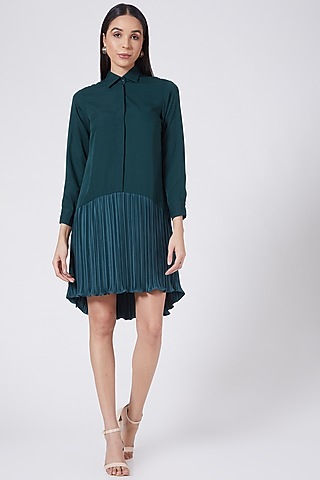 Green Mini Shirt Dress by Pleats By Aruni