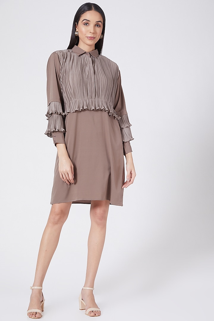 Brown Front Pleated Mini Dress by Pleats By Aruni