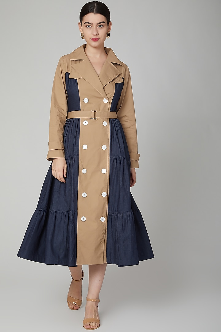 Brown & Cobalt Blue Jacket Dress With Tie-Up by Aruni