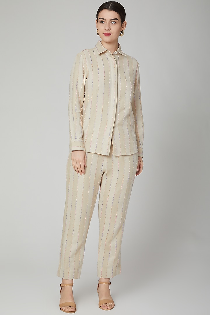 Nude Embroidered Linen Shirt by Aruni