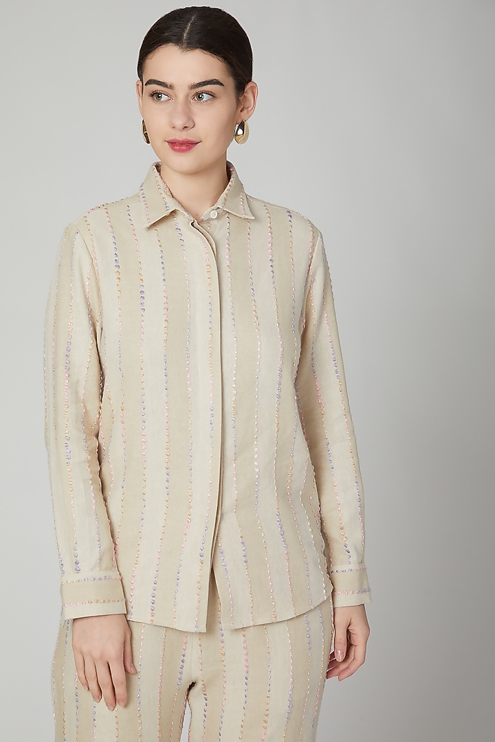Nude Embroidered Linen Shirt by Aruni at Pernia's Pop Up Shop