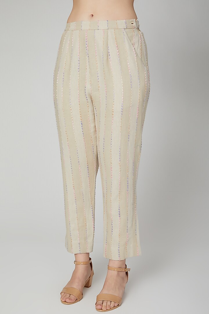 Nude Embroidered Linen Pants by Aruni at Pernia's Pop Up Shop