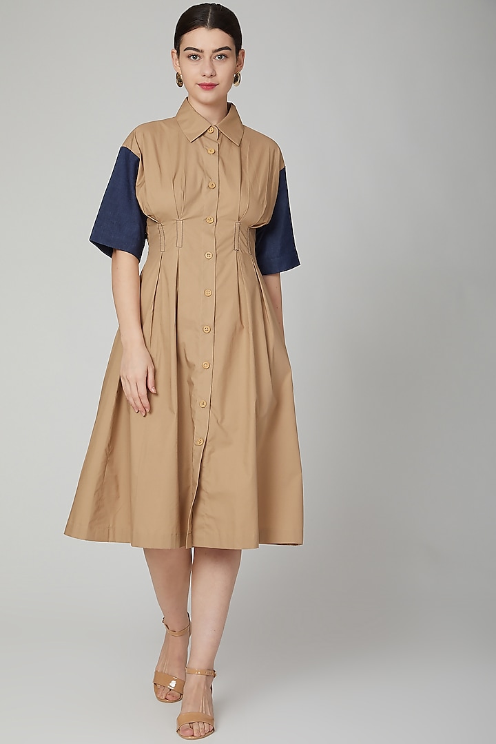 Brown Midi Dress With Button Placket by Aruni