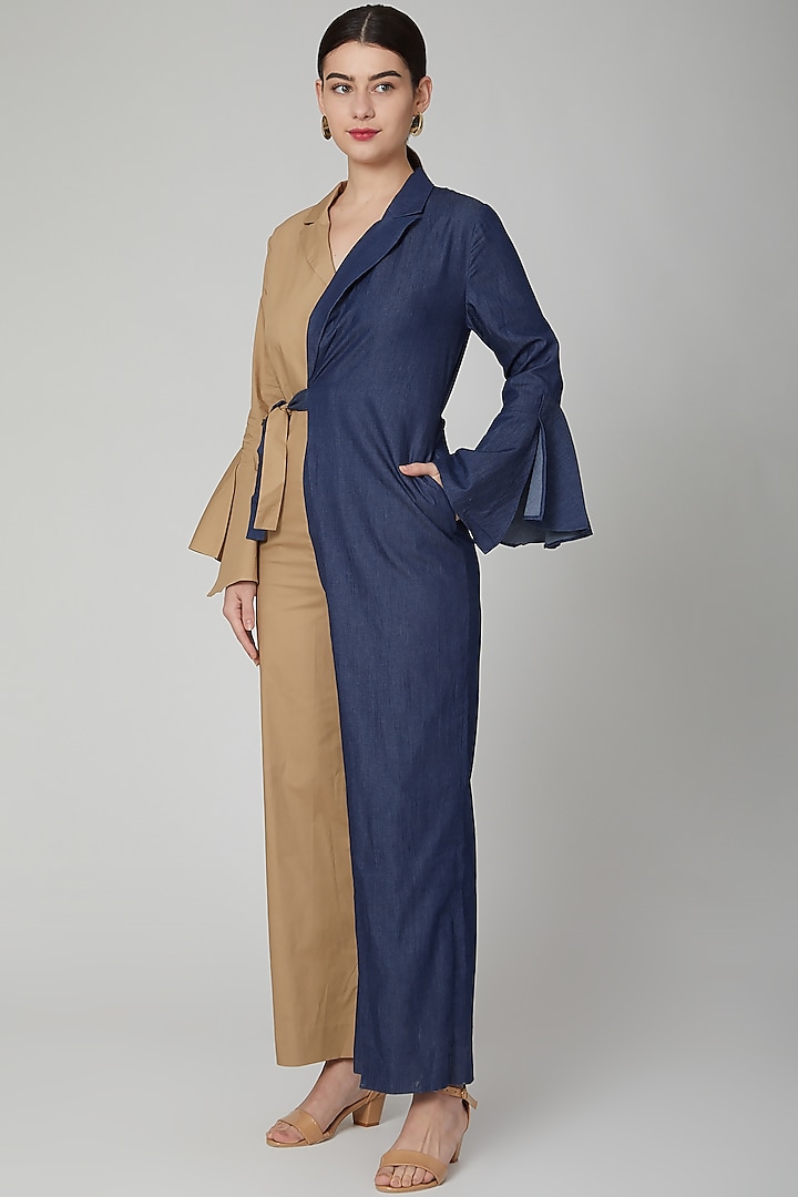Brown & Blue Jumpsuit With Concealed Zipper by Aruni