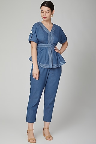 Cobalt Blue Peplum Denim Top by Aruni
