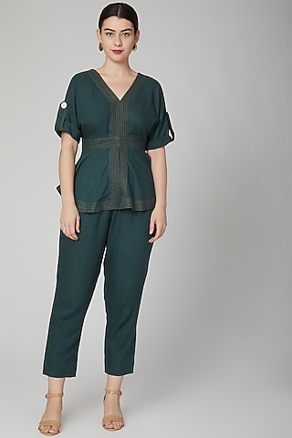 Green Peplum Top With Hook & Eye by Aruni