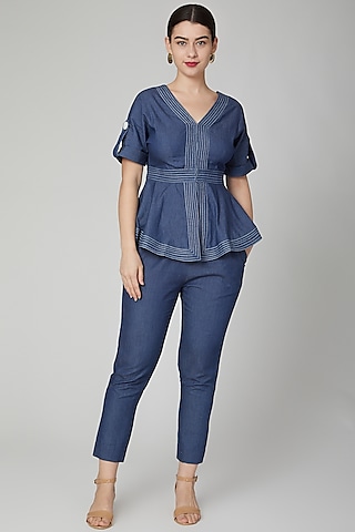 Cobalt Blue Denim Peplum Top by Aruni