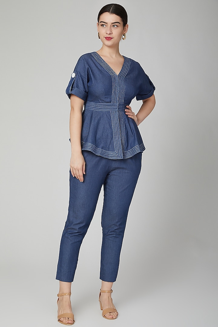 Cobalt Blue Denim Pants With Concealed Zipper by Aruni