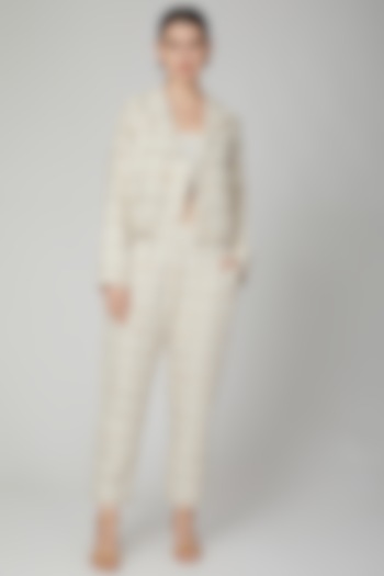 Nude Embroidered Linen Jacket by Aruni