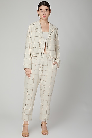 Nude Embroidered Linen Jacket by Aruni
