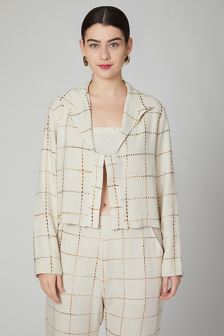 Nude Embroidered Linen Jacket by Aruni at Pernia's Pop Up Shop