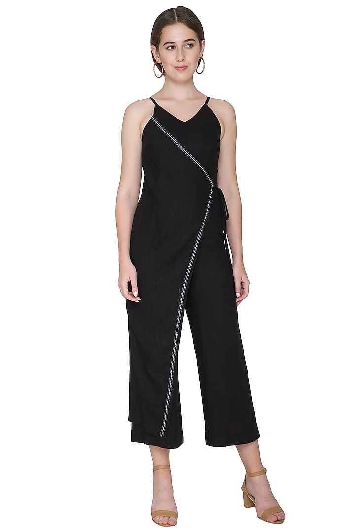Black Embroidered Linen Jumpsuit by Aruni