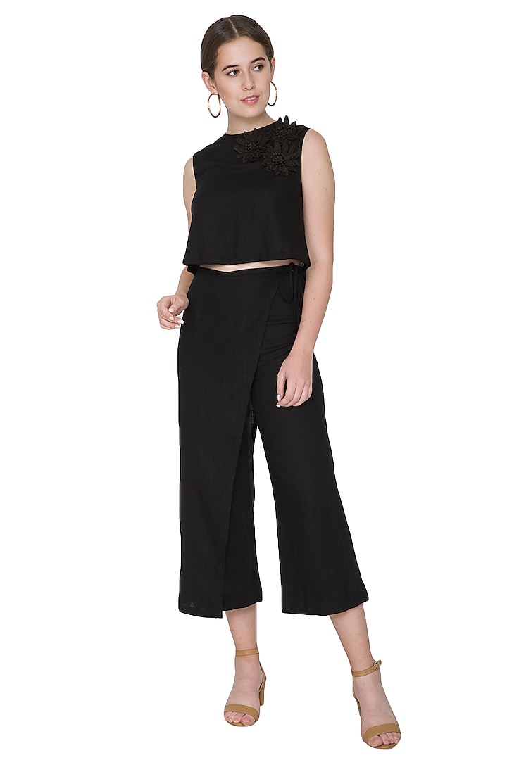 Black Embroidered Culotte Pants by Aruni