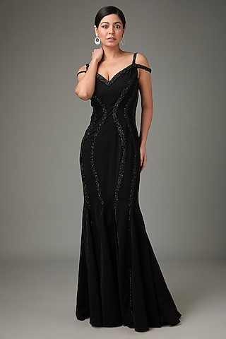 Black Crepe Bead Embroidered Bodycon Paneled Gown by ANJALIVERMA