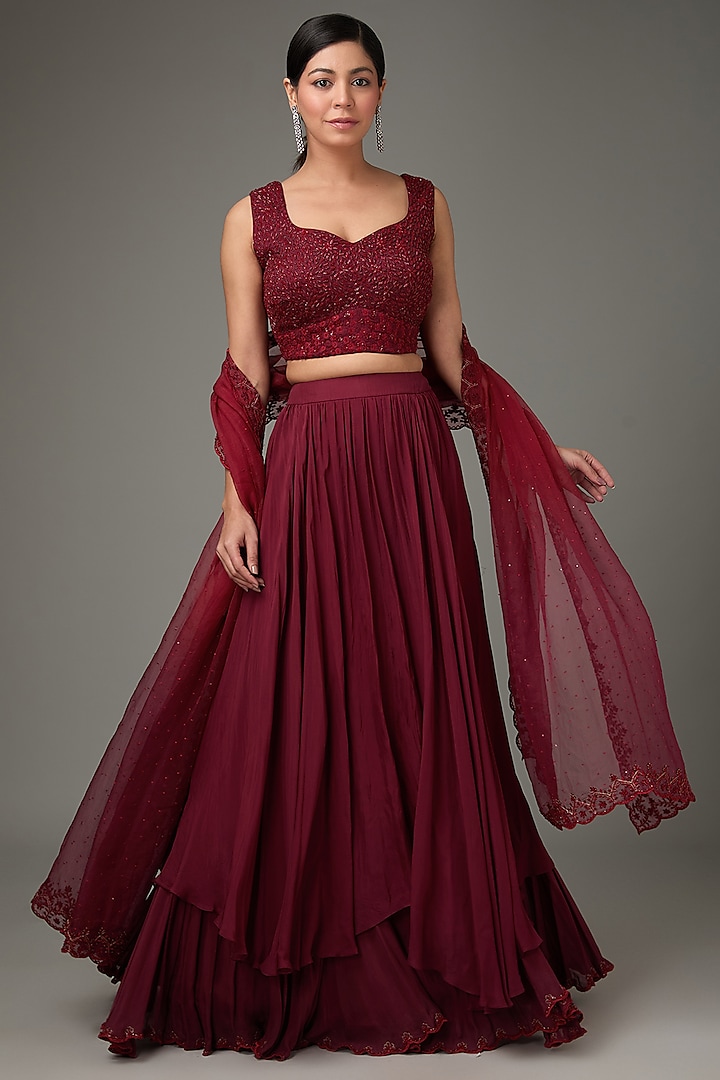 Maroon Flat Chiffon Layered Wedding Lehenga Set by ANJALIVERMA at Pernia's Pop Up Shop