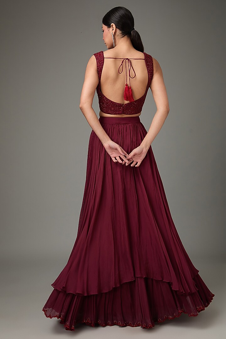 Maroon Flat Chiffon Layered Wedding Lehenga Set by ANJALIVERMA at Pernia's Pop Up Shop