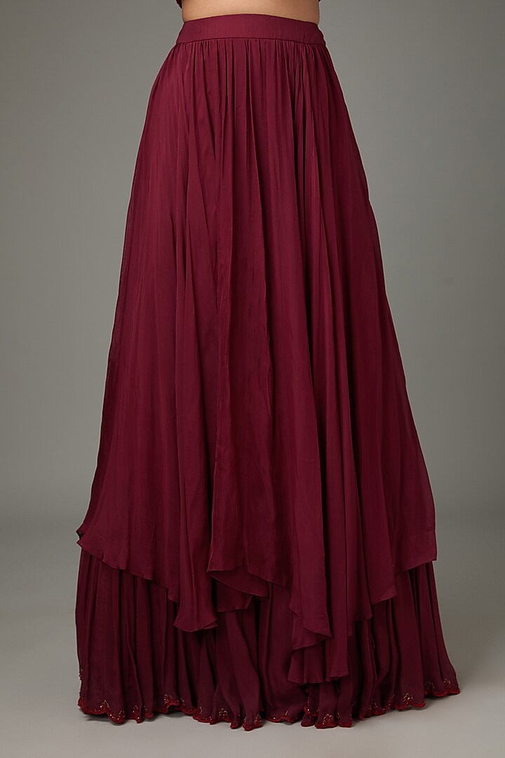 Maroon Flat Chiffon Layered Wedding Lehenga Set by ANJALIVERMA at Pernia's Pop Up Shop
