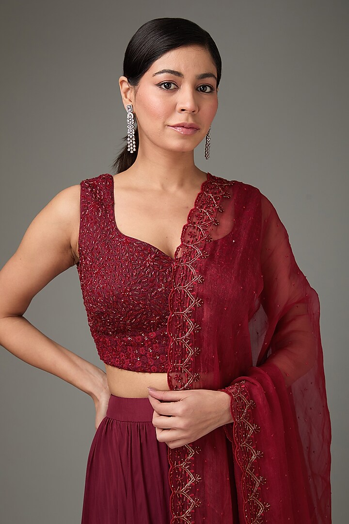 Maroon Flat Chiffon Layered Wedding Lehenga Set by ANJALIVERMA at Pernia's Pop Up Shop
