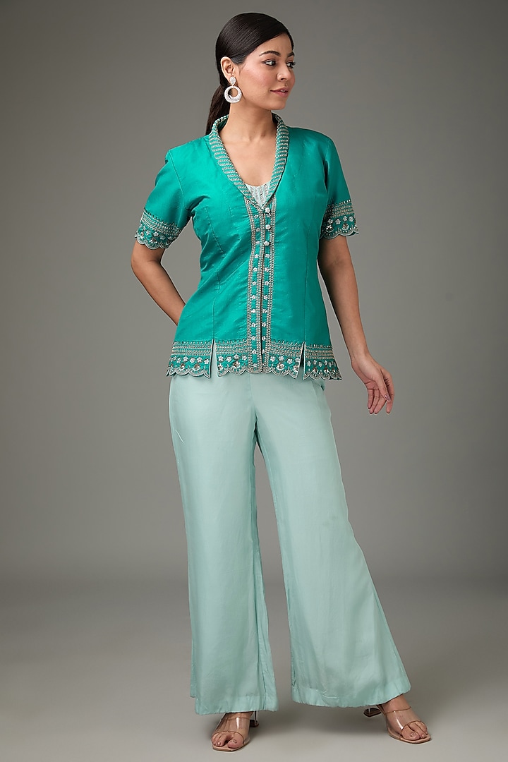 Teal Blue Plain Silk Embellished Jacket Set by ANJALIVERMA at Pernia's Pop Up Shop