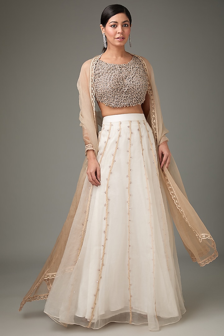 Ivory Silk Organza Thread & Sequins Embroidered Scalloped Wedding Lehenga Set by ANJALIVERMA at Pernia's Pop Up Shop