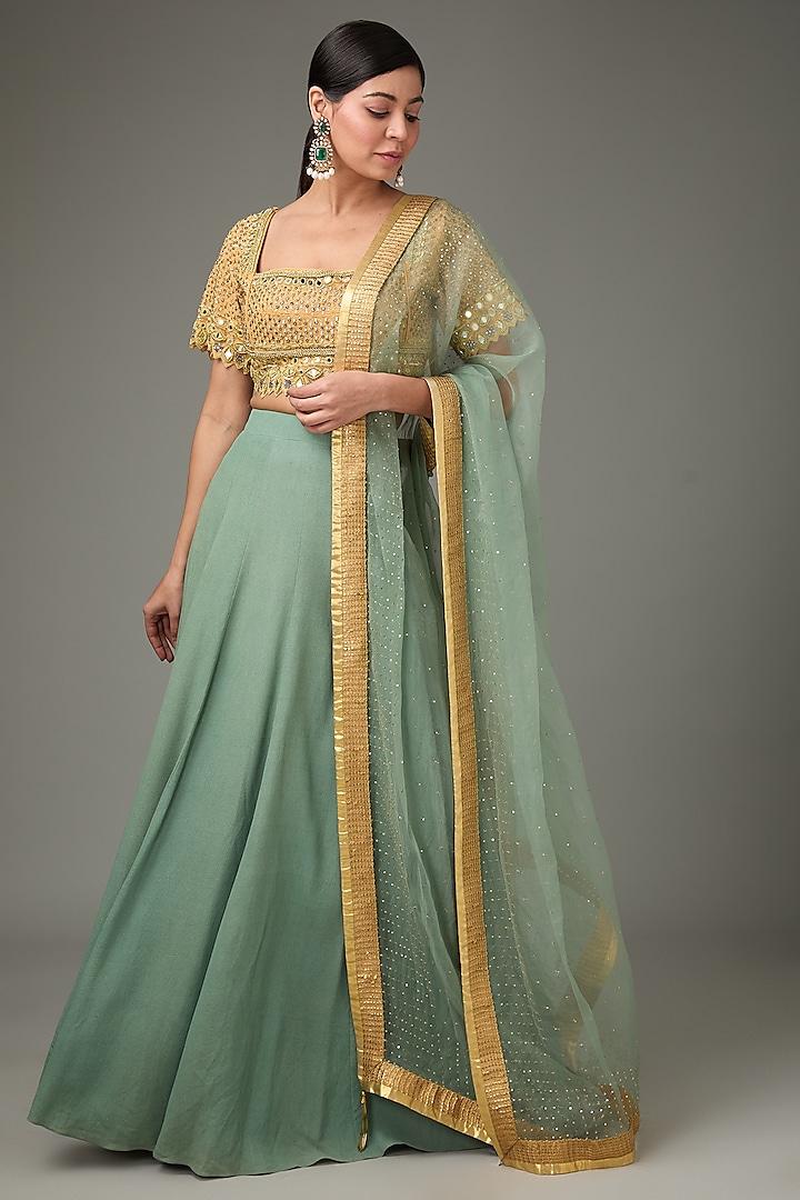 Aqua Silk Organza Wedding Lehenga Set by ANJALIVERMA at Pernia's Pop Up Shop