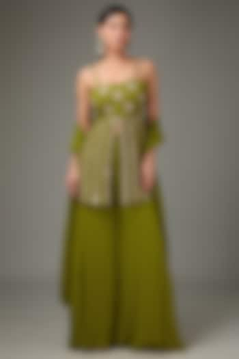 Green Georgette Palazzo Pant Set by ANJALIVERMA at Pernia's Pop Up Shop