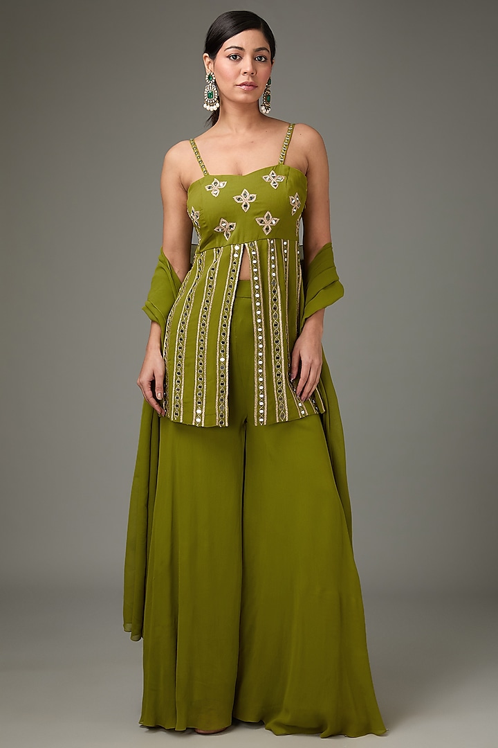 Green Georgette Palazzo Pant Set by ANJALIVERMA at Pernia's Pop Up Shop